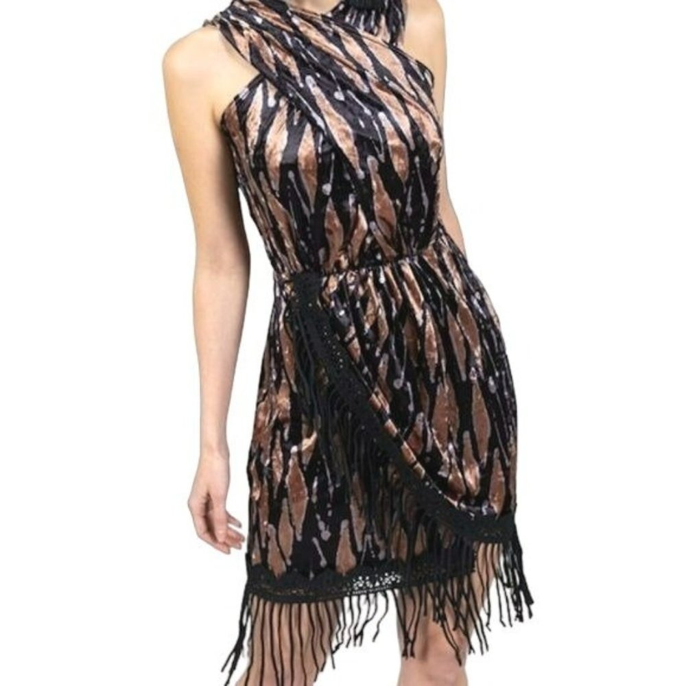 Allison X Commune Velvet Draped Fringe Metallic Black Rust Dress Size Medium NWT